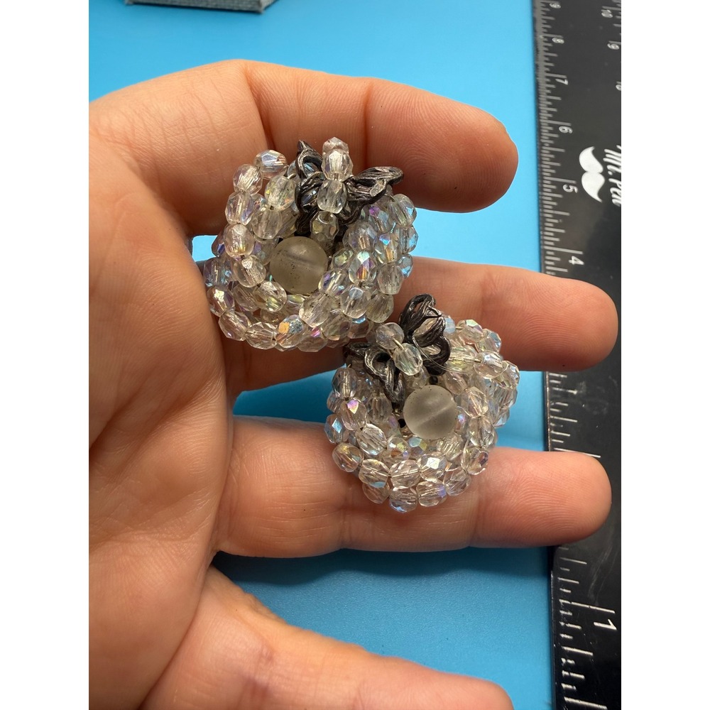 Margherita Buonanno Italy Vintage AB Crystal Cluster‎ Bow Clip On Earrings 1in